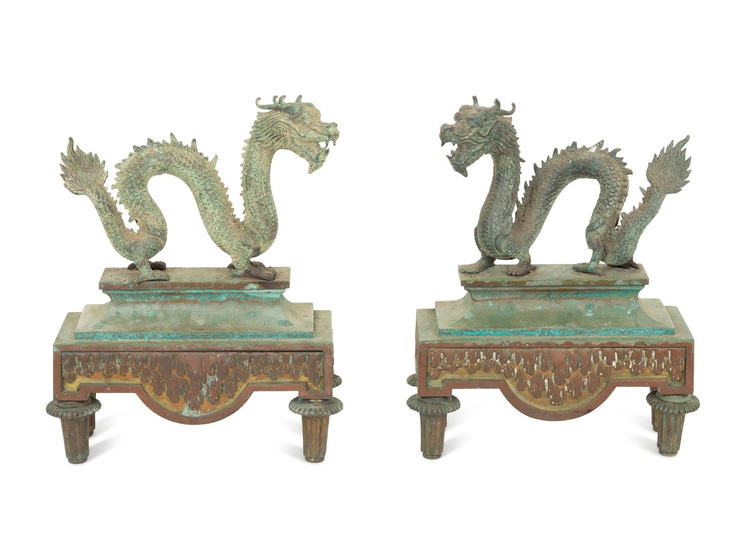 A Pair of Chinese Bronze Dragon Chenets