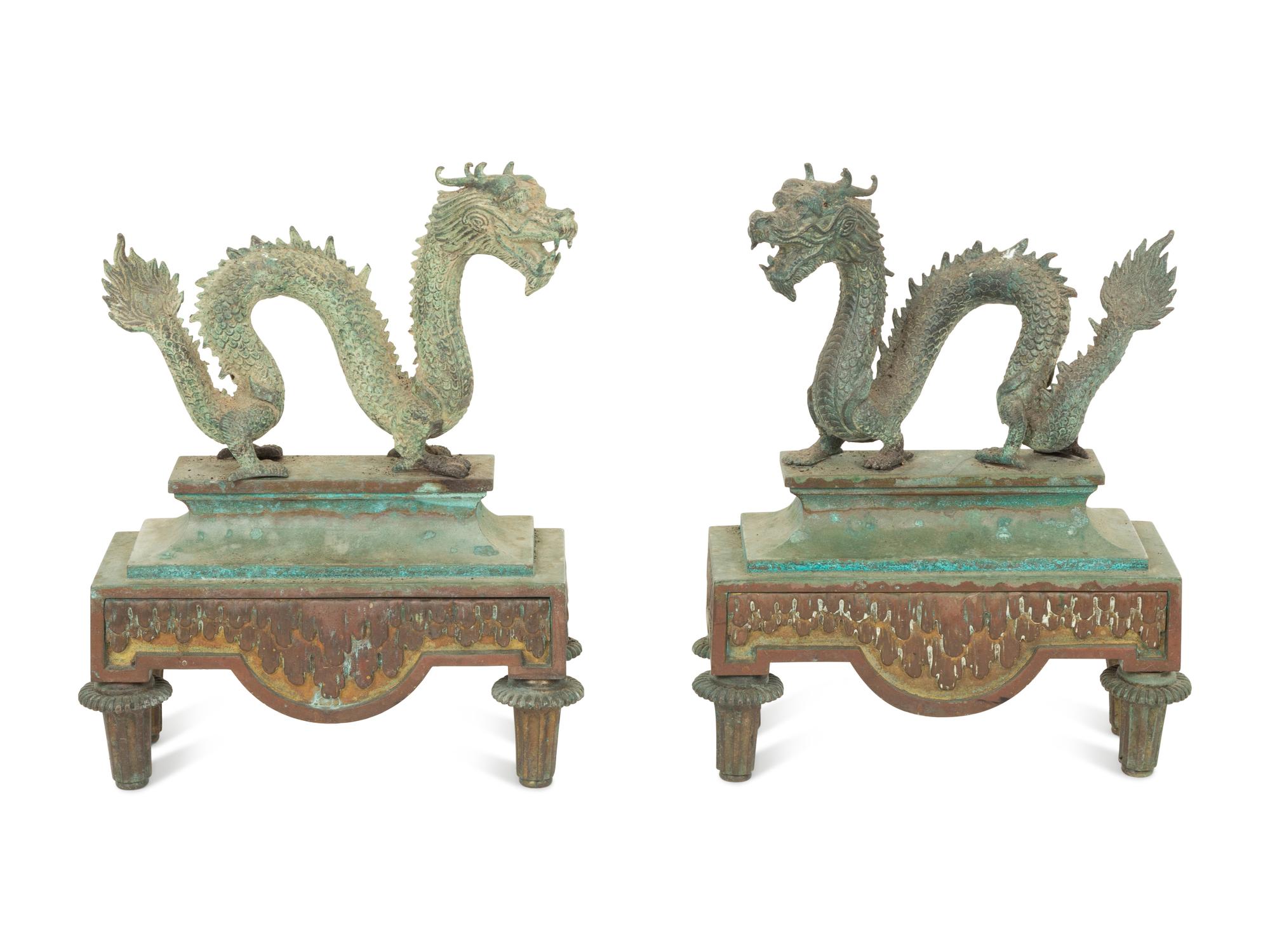 A Pair of Chinese Bronze Dragon Chenets