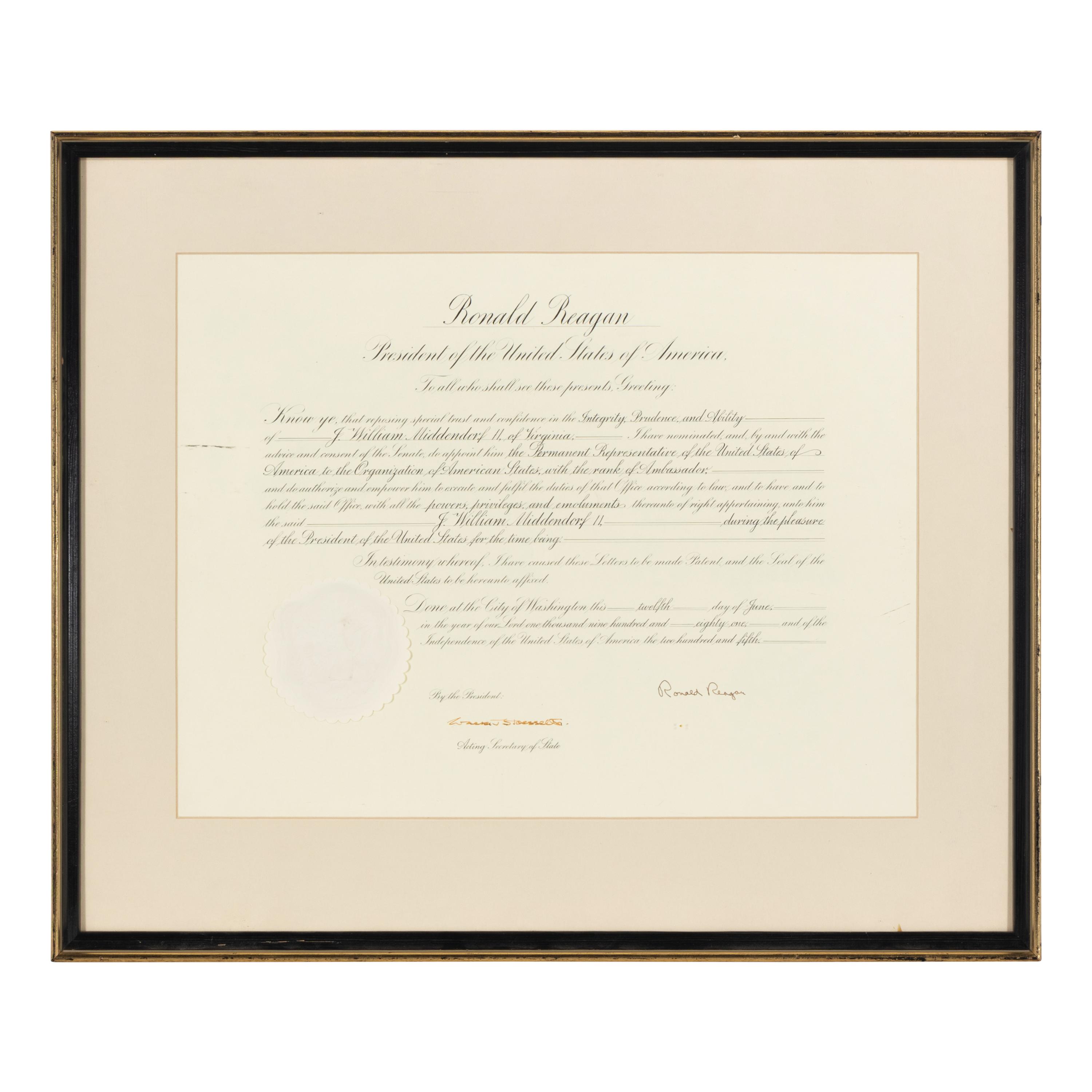 Reagan, Ronald (1911-2004). Partly engraved document signed ("Ronald Reagan") appointing J. William Middendorf II ambassador to the Organization of American States, Washington, D.C., 12 June 1981.