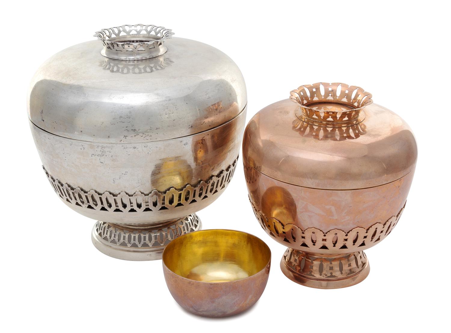 Two Indian Metal Covered Vessels Diameter of larger 7 3/4 inches.