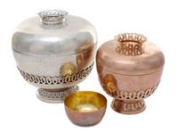 Two Indian Metal Covered Vessels Diameter of larger 7 3/4 inches.