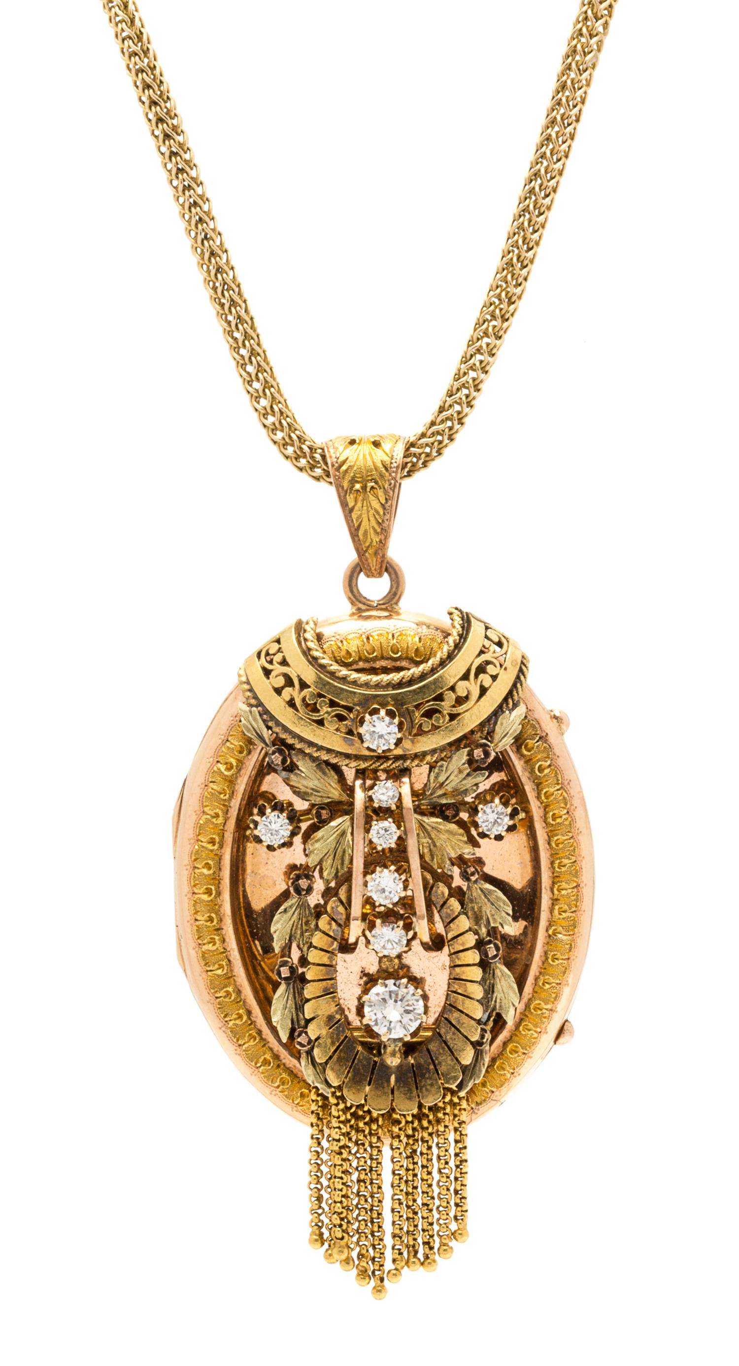A Bicolor Gold and Diamond Locket Pendant on Chain, 29.50 dwts.