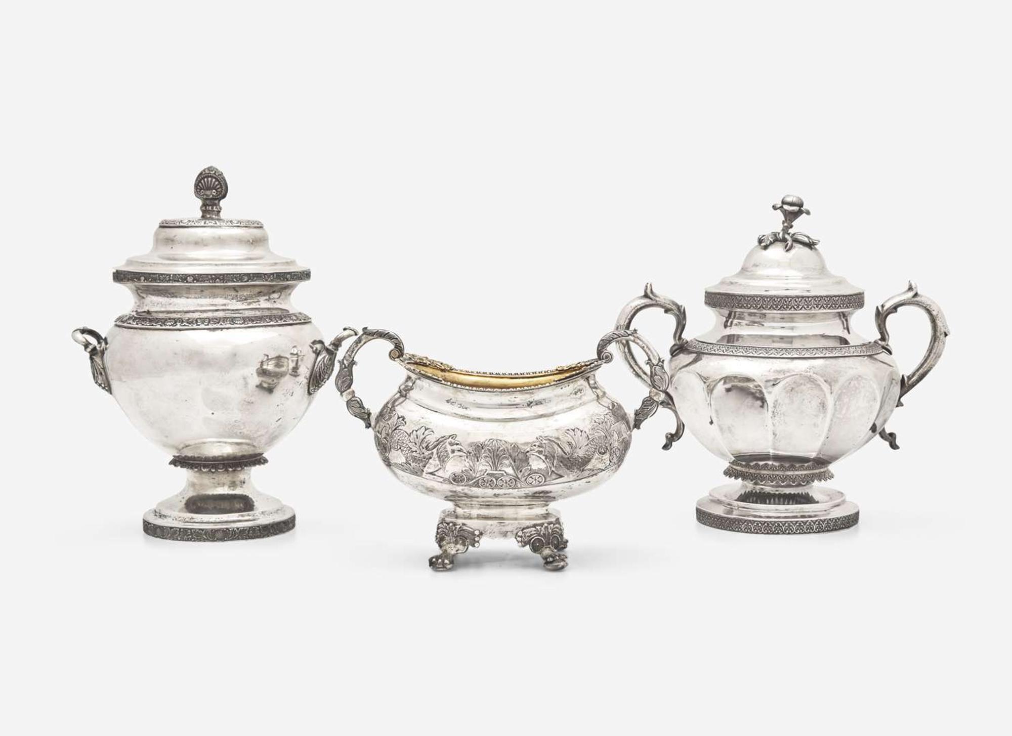 A group of three Federal or Classical coin silver sugar bowls, Nicholas James Bogert (1776-1843), Eoff & Connor (active 1833-1834), New York, NY, and maker "IAE," first quarter 19th century