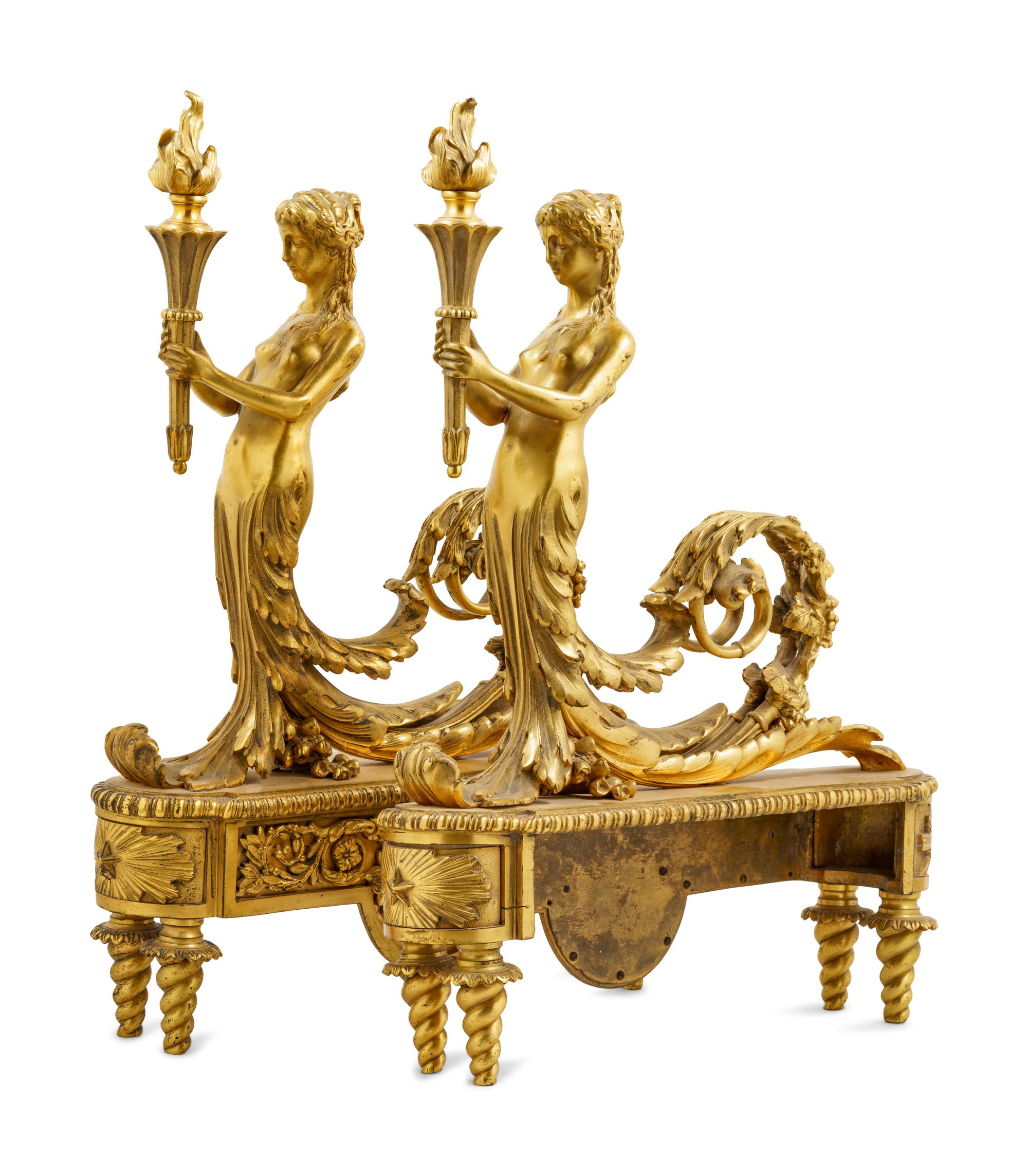 A Pair of Napoleon III Style Gilt Bronze Figural Chenets