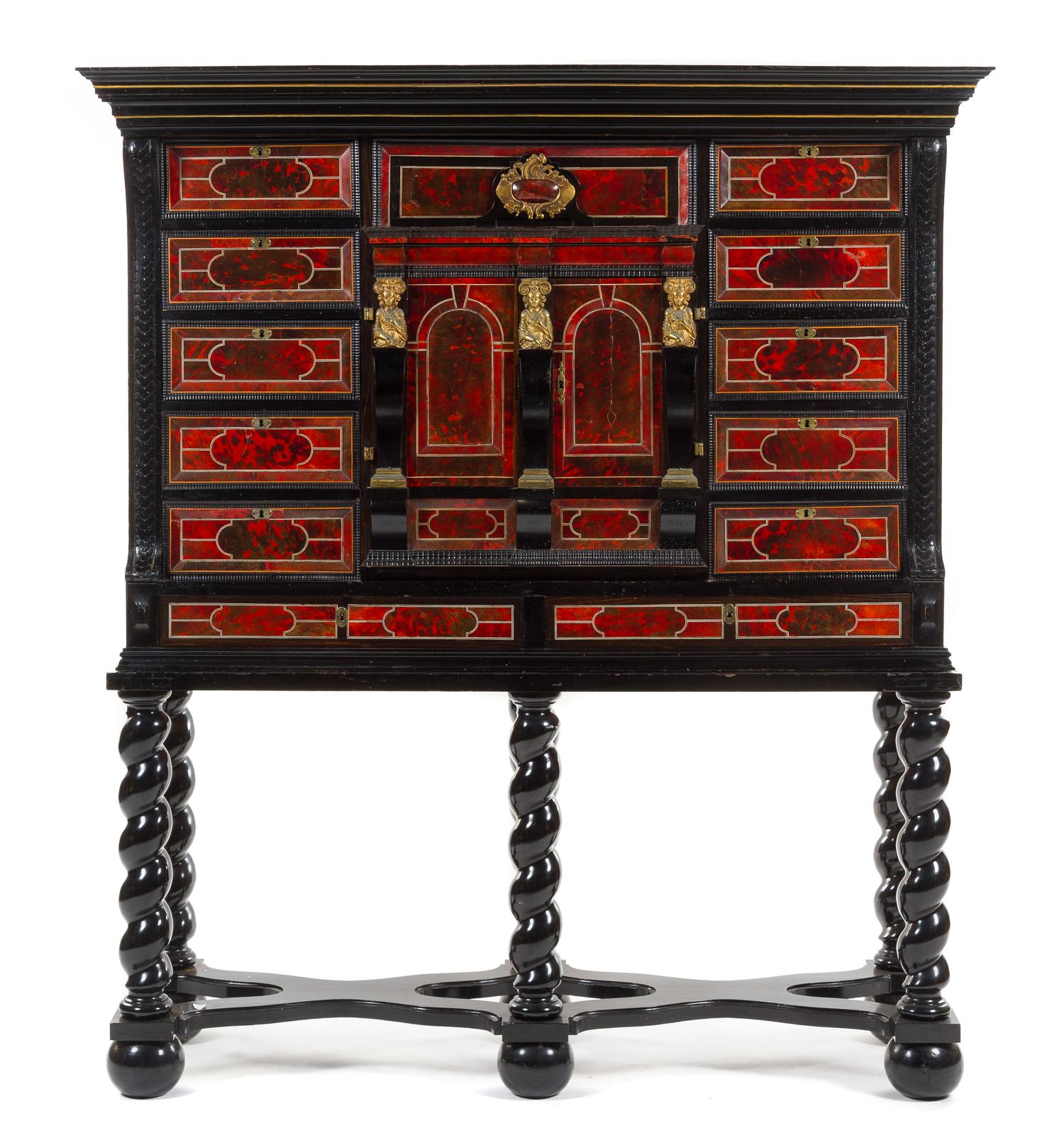 A Flemish Baroque Tortoise Shell Veneered Ebony Cabinet on Stand Height 68 1/2 x width 60 x depth 20 inches. — 17TH CENTURY, THE STAND LATER