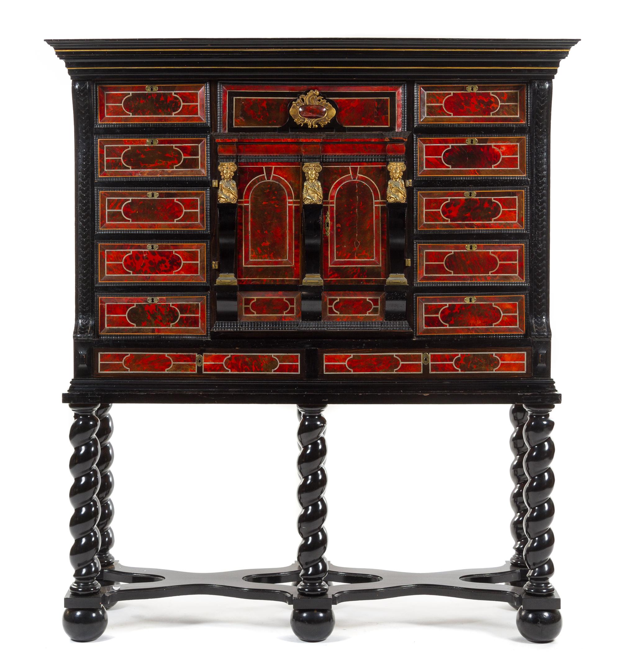 A Flemish Baroque Tortoise Shell Veneered Ebony Cabinet on Stand Height 68 1/2 x width 60 x depth 20 inches. — 17TH CENTURY, THE STAND LATER