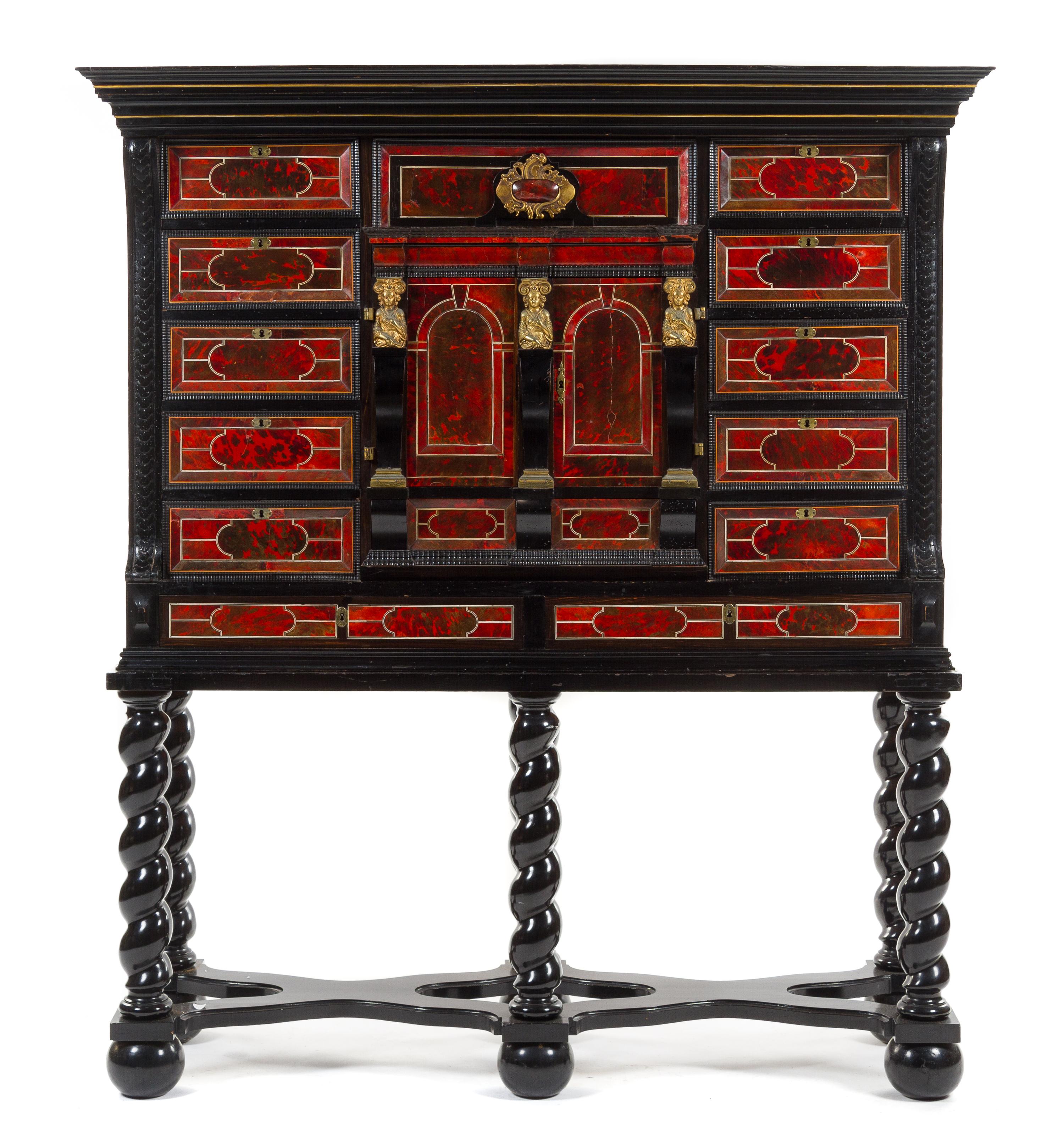 A Flemish Baroque Tortoise Shell Veneered Ebony Cabinet on Stand Height 68 1/2 x width 60 x depth 20 inches. — 17TH CENTURY, THE STAND LATER
