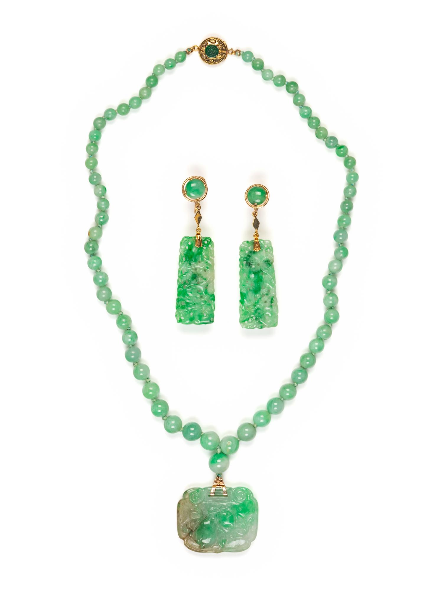 Three Chinese Apple Green Jadeite Jewelry