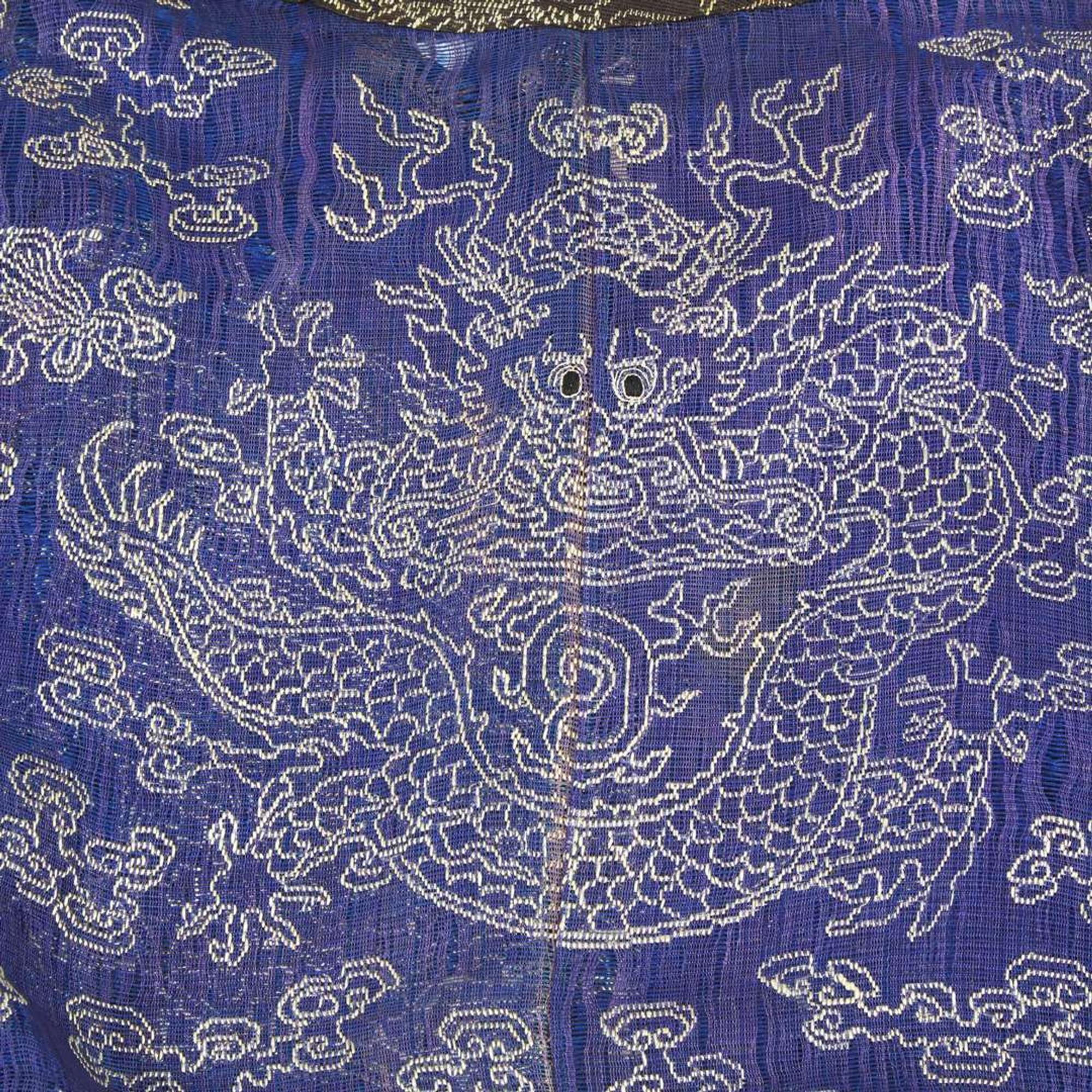A Chinese counted stitch-embroidered blue gauze "Nine-Dragon" robe 藍地刺繡九龍袍 Qing dynasty ?