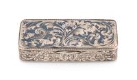 A Russian Silver and Niello Snuff Box, Maker's Mark Obscured, Moscow, 1857, the case worked to show foliate scrolls.