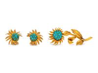 An 18 Karat Yellow Gold and Turquoise Flower Demi-Parure,
