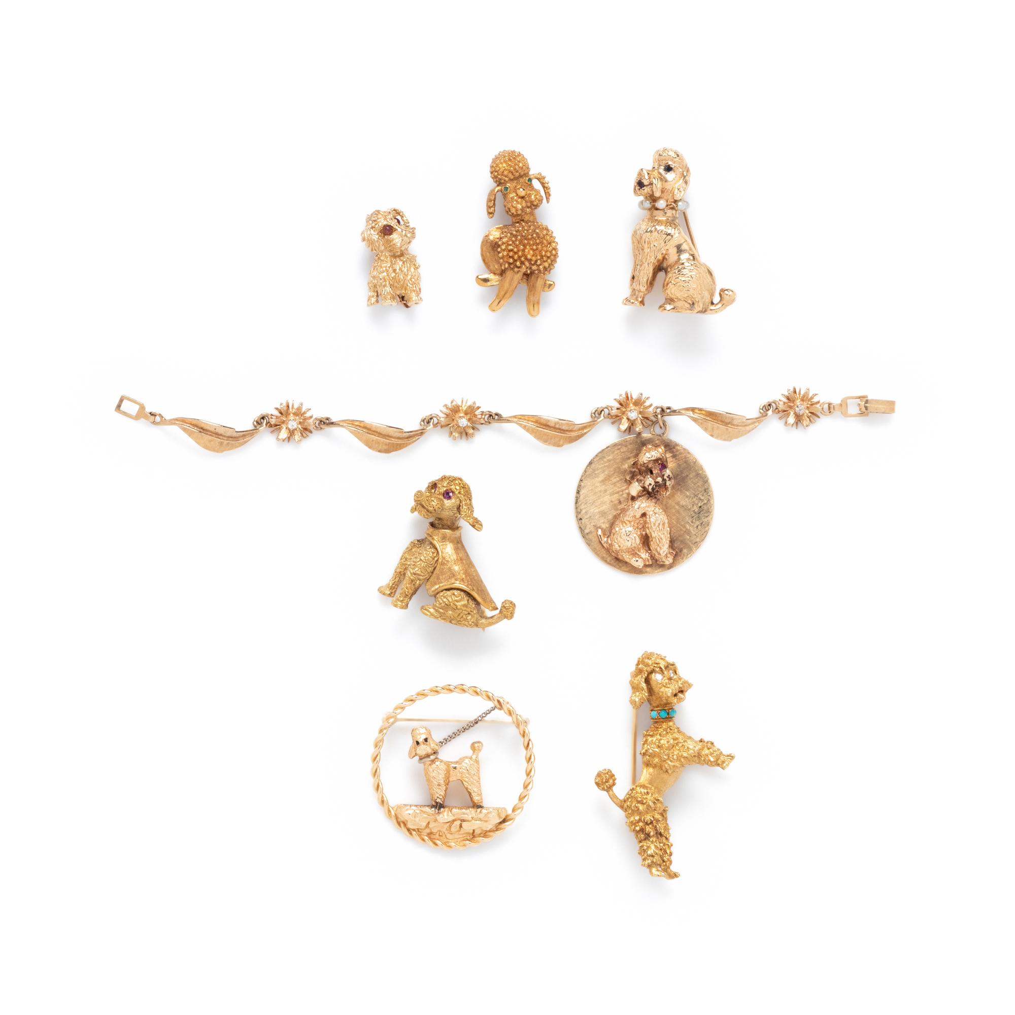 COLLECTION OF YELLOW GOLD POODLE JEWELRY
