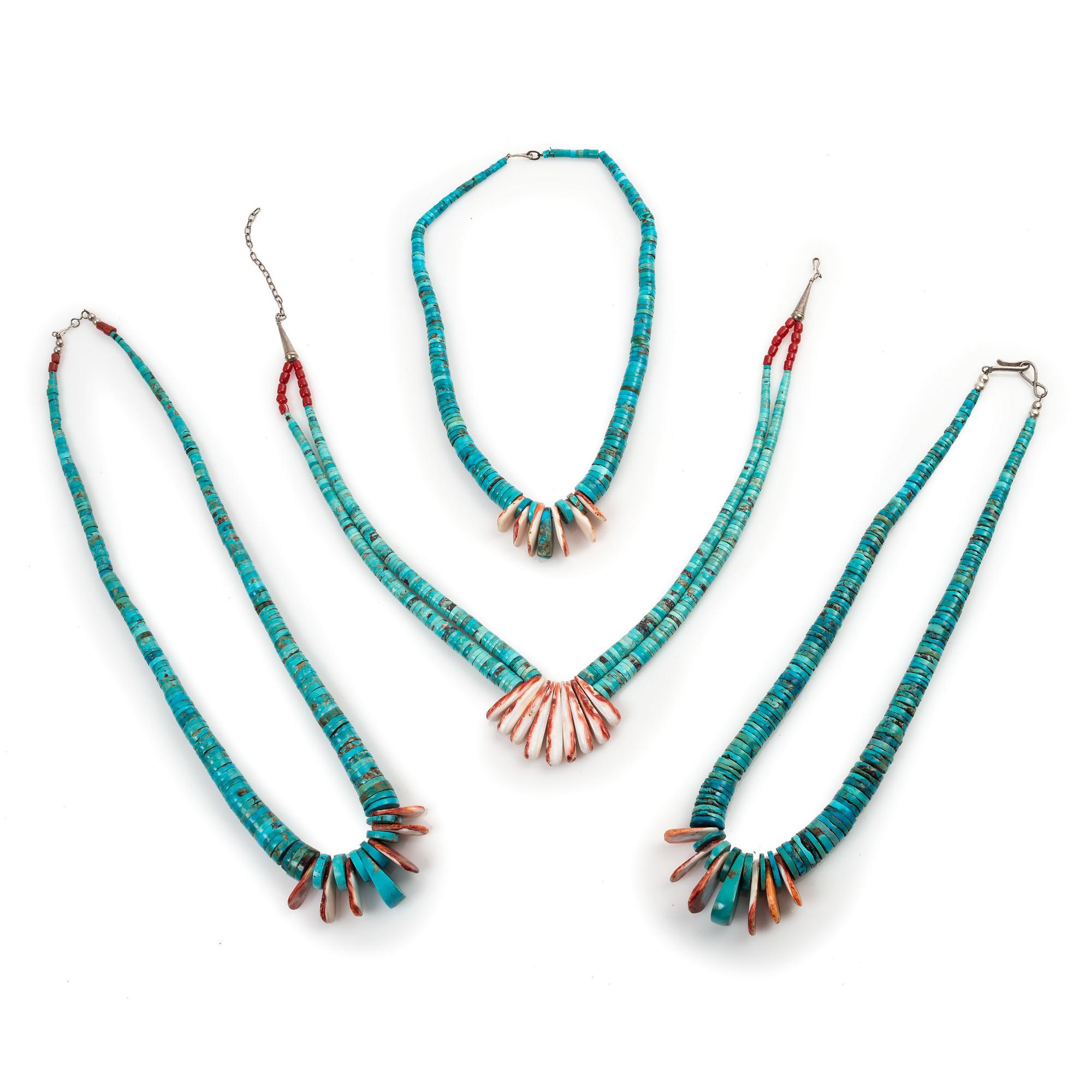 Southwestern-Style Graduated Rolled Turquoise and Spiny Oyster Necklaces