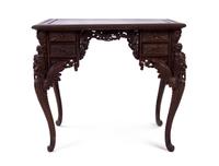 A Chinese Export Mahogany Writing Table, Height 30 x width 34 1/2 x depth 28 inches.