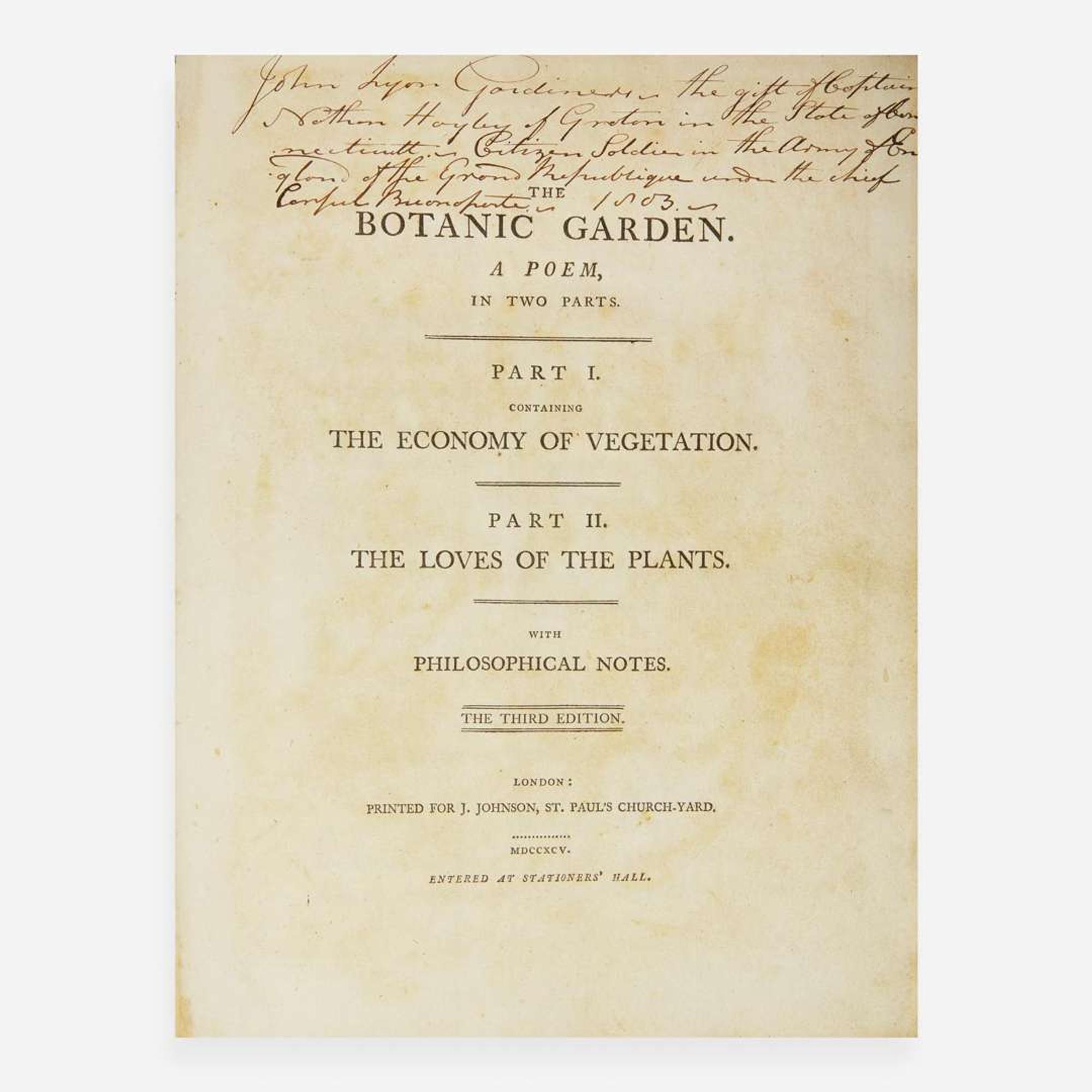 [Blake, William] (Darwin, Erasmus) The Botanic Garden. A Poem, in Two Parts. Part I. Containing The Economy of Vegetation. Part II. The Loves of the Plants. With Philosophical Notes