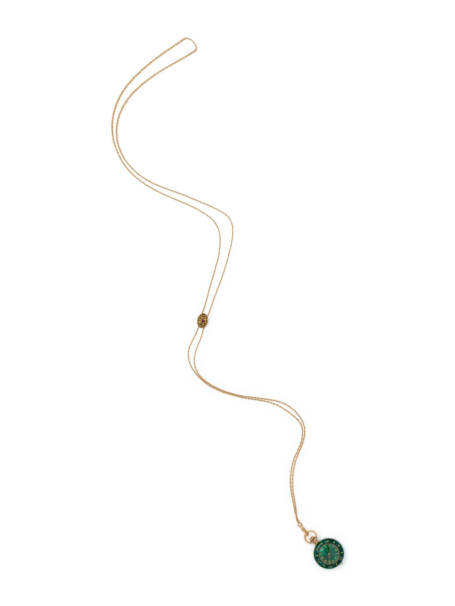 SILVER GILT AND ENAMEL OPEN FACE POCKET WATCH AND YELLOW GOLD SLIDE NECKLACE