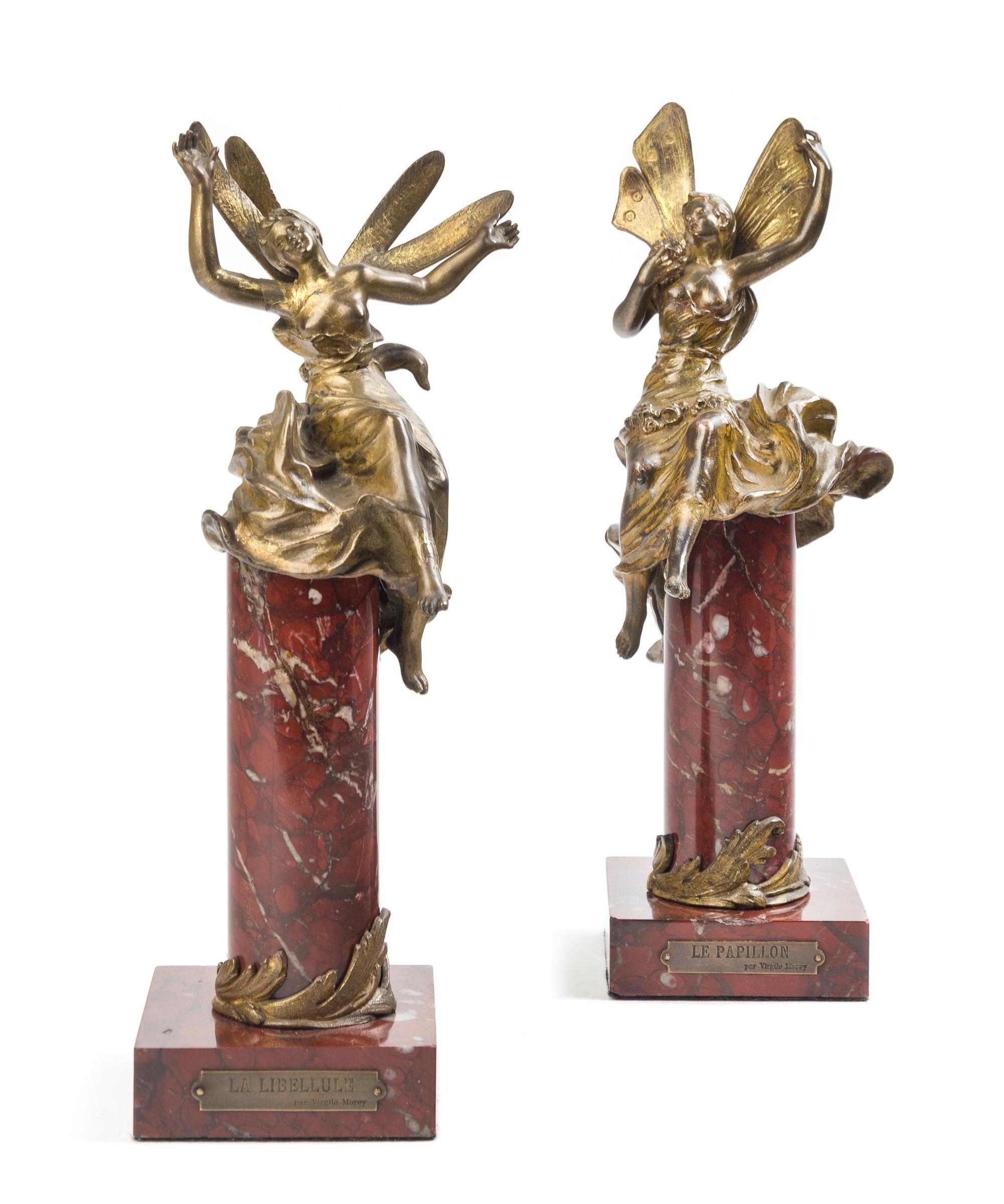 A Pair of French Gilt Cast Metal and Marble Table Ornaments Height 13 inches. — AFTER VIRGILE MOREY, LATE 19TH CENTURY