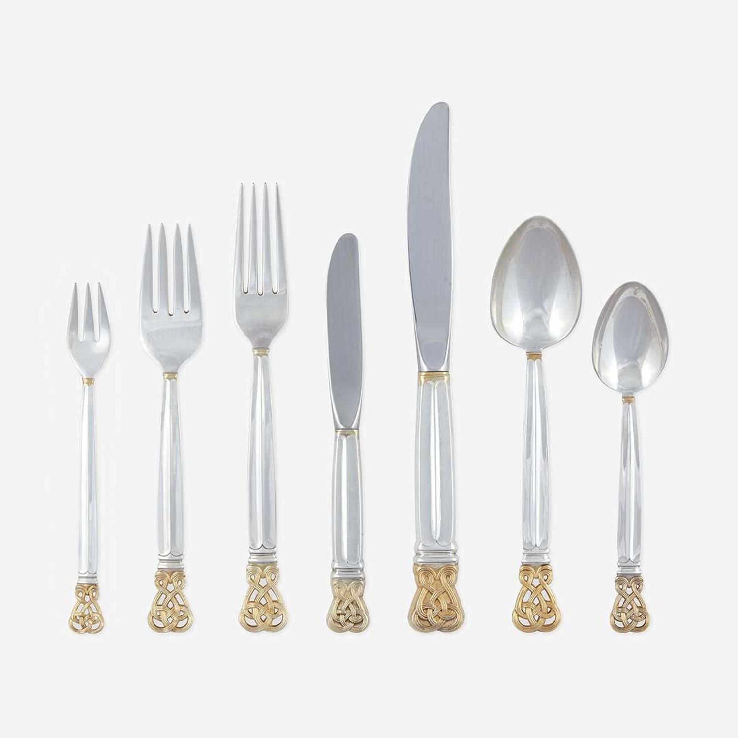 An American Parcel Gilt Sterling Silver Six-Piece Flatware Service for Eighteen Towle Silversmiths, Newburyport, MA, dated 1978