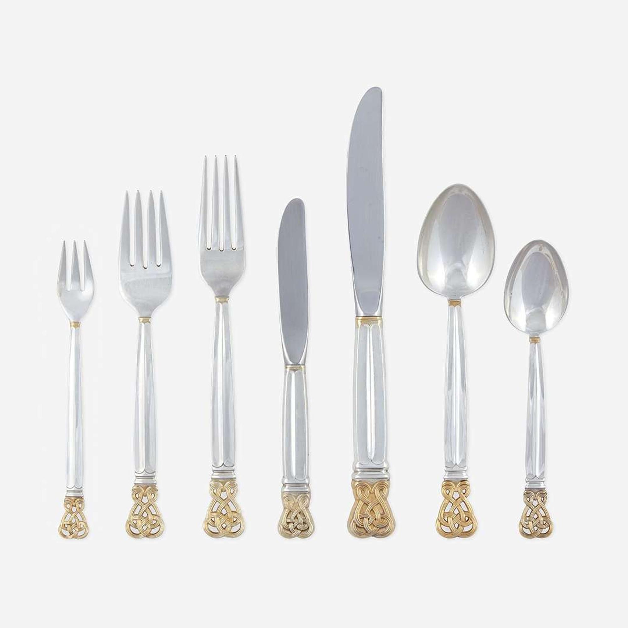An American Parcel Gilt Sterling Silver Six-Piece Flatware Service for Eighteen Towle Silversmiths, Newburyport, MA, dated 1978