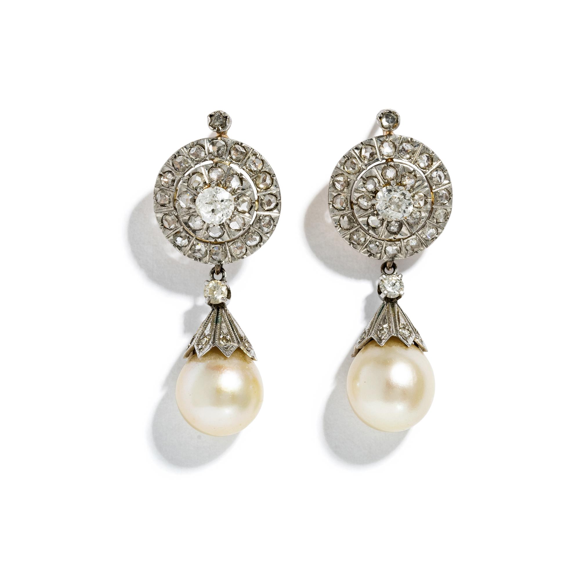 ANTIQUE, DIAMOND AND CULTURED PEARL EARRINGS