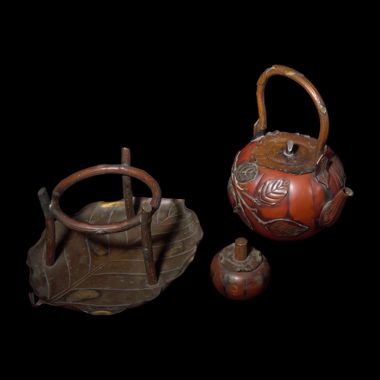 A Japanese Patinated Metal Kettle, Burner and Stand, Meiji/Taisho Period — 日本明治-大正時期 銅壺