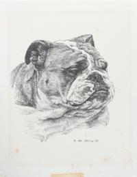 Three Works of Art depicting English Bulldogs Largest: 11 x 8 1/2 inches.