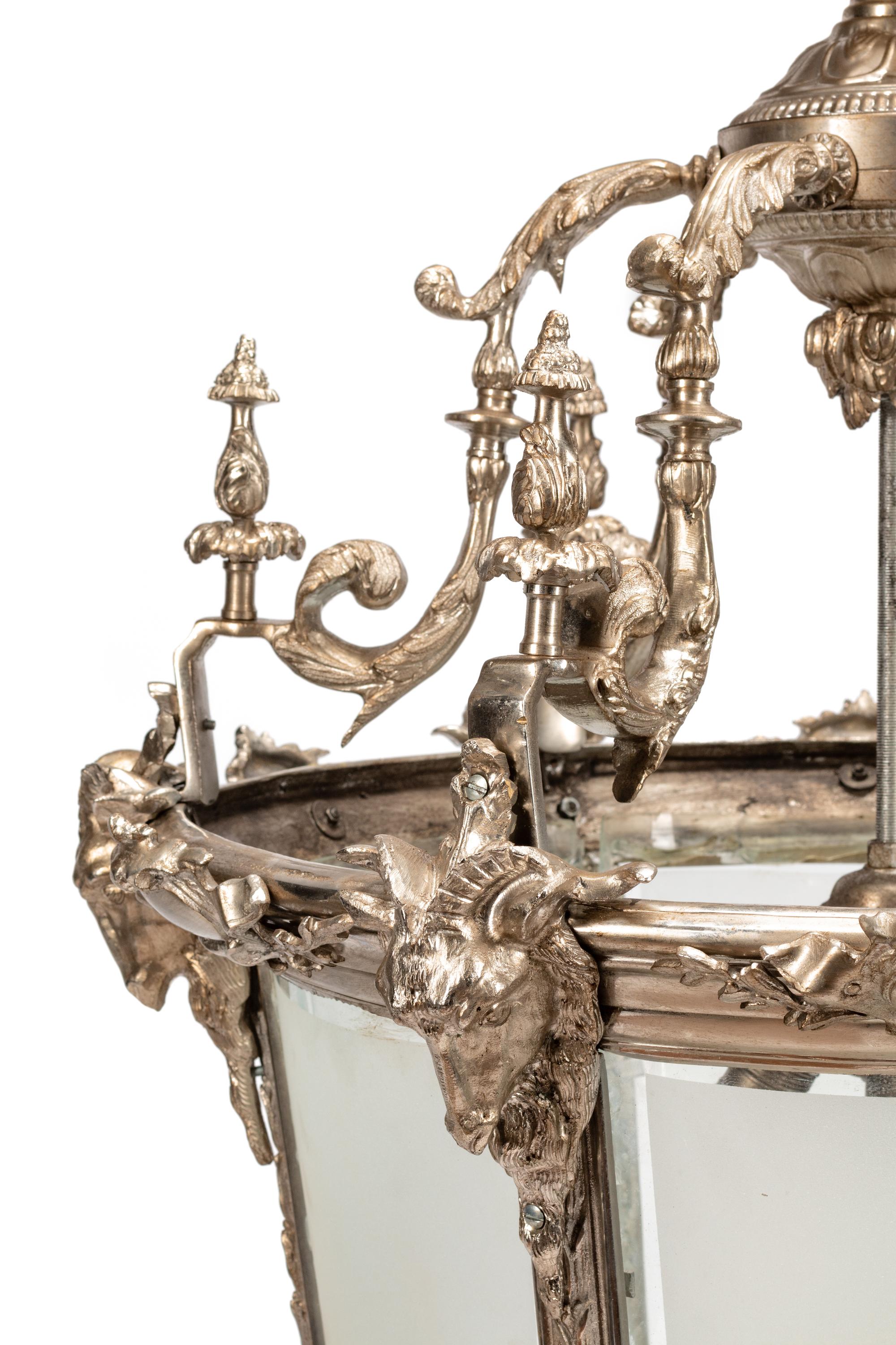 A Large Neoclassical Style Silvered Bronze and Etched Glass Hall Lantern