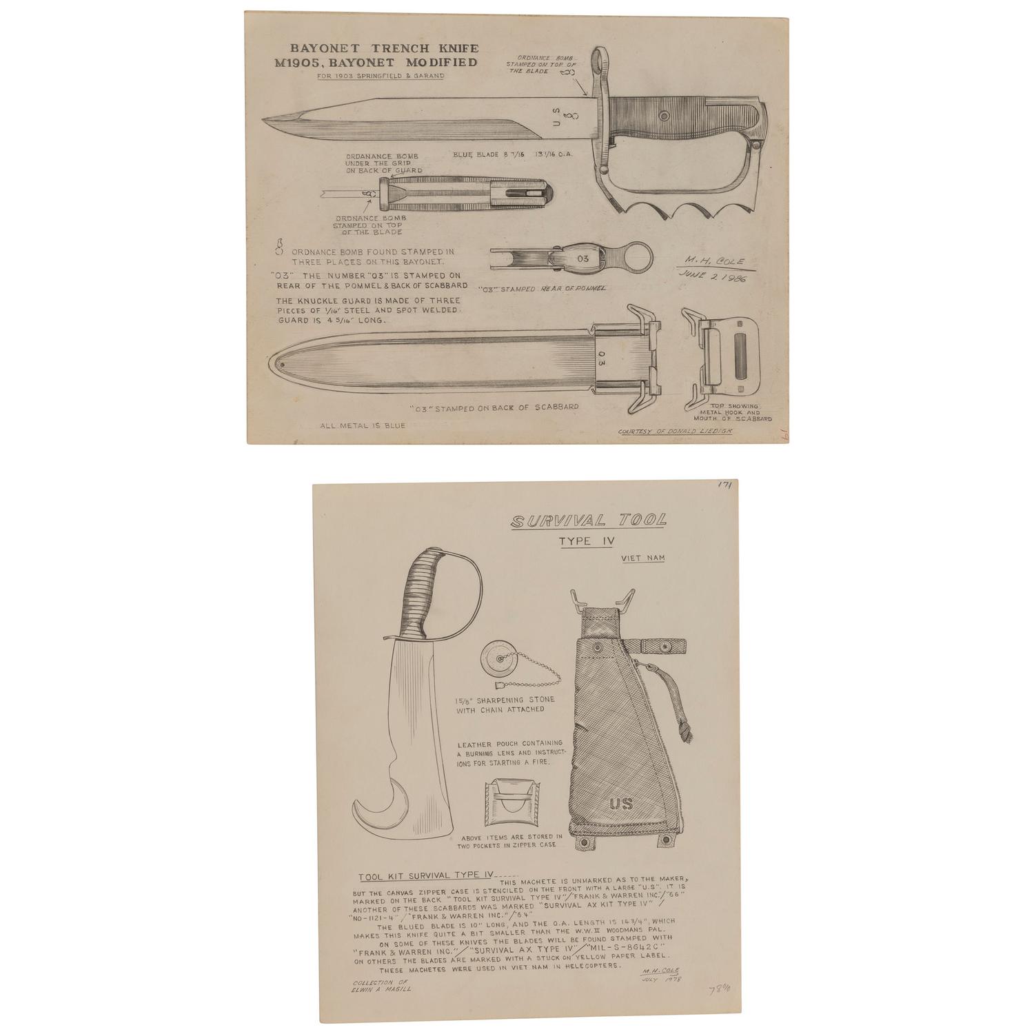 M.H. Cole Fighting Knife Archive with Two Cole Made Knives & Scabbards, Original Book Manuscript Drawings From Volumes III and IV as well as Additional Pre-Publication Paperwork