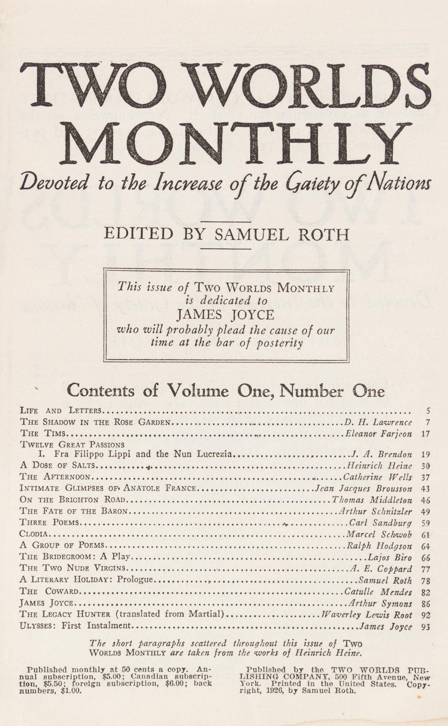 TWO WORLDS MONTHLY. Ulysses [partial in Two Worlds Monthly] New York, 1926-1927. 5 (of 11) issues.