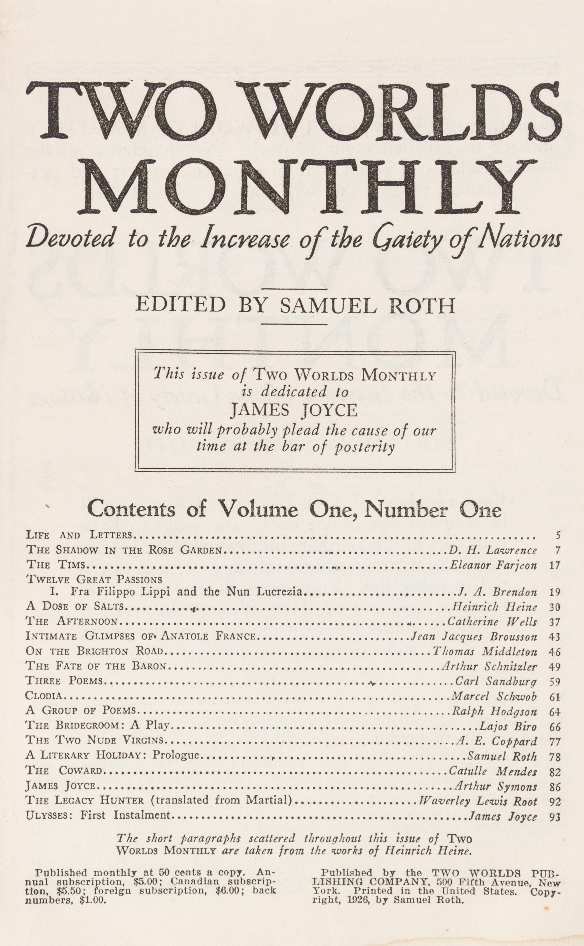 TWO WORLDS MONTHLY. Ulysses [partial in Two Worlds Monthly] New York, 1926-1927. 5 (of 11) issues.