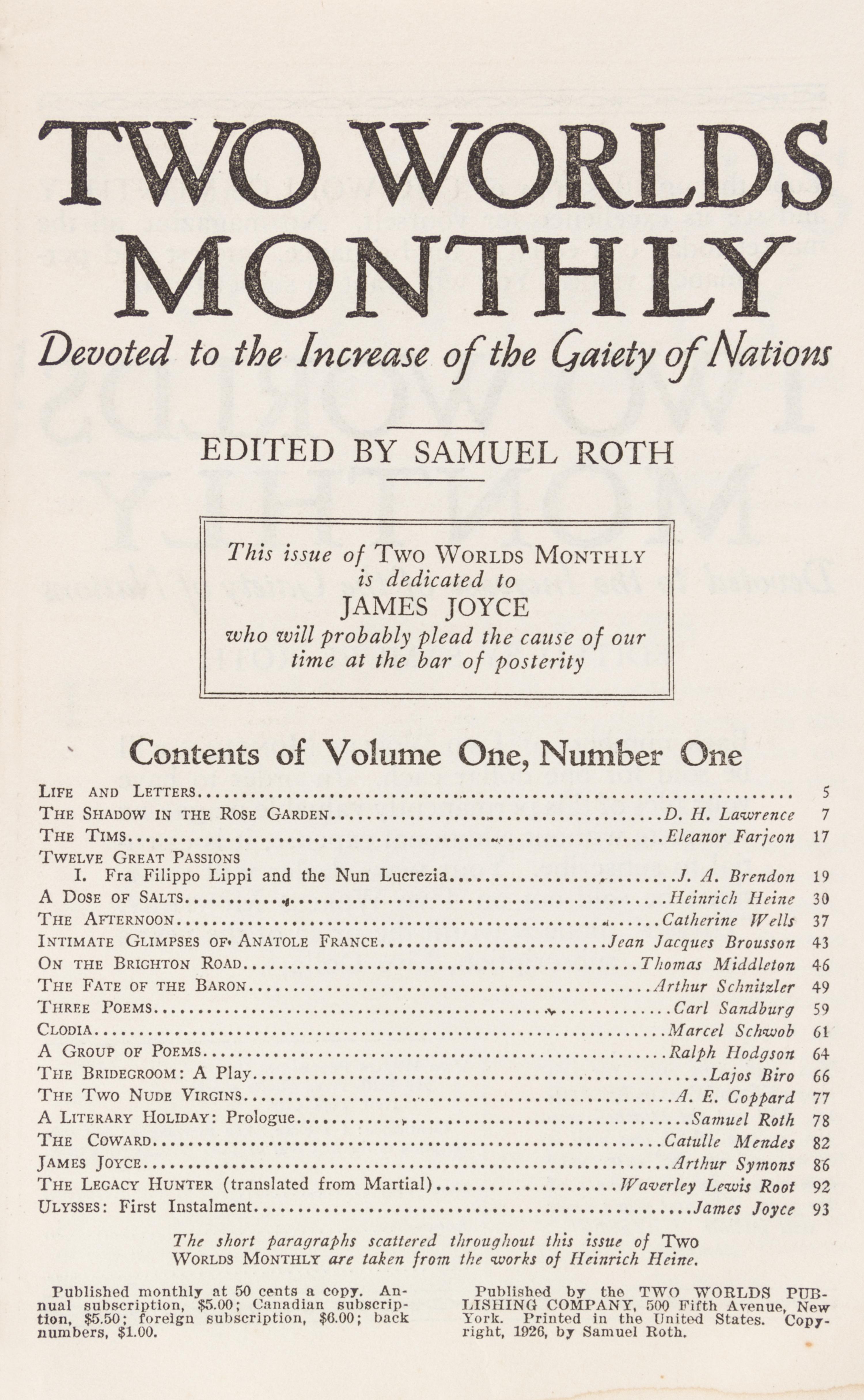 TWO WORLDS MONTHLY. Ulysses [partial in Two Worlds Monthly] New York, 1926-1927. 5 (of 11) issues.