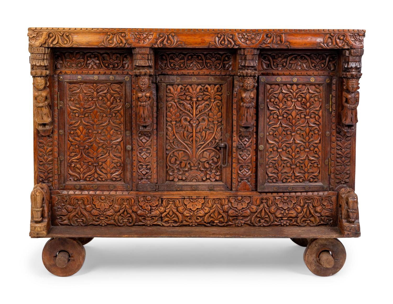 An Indian Carved Wood Traveling Trunk on Wheels — 19TH/20TH CENTURY
