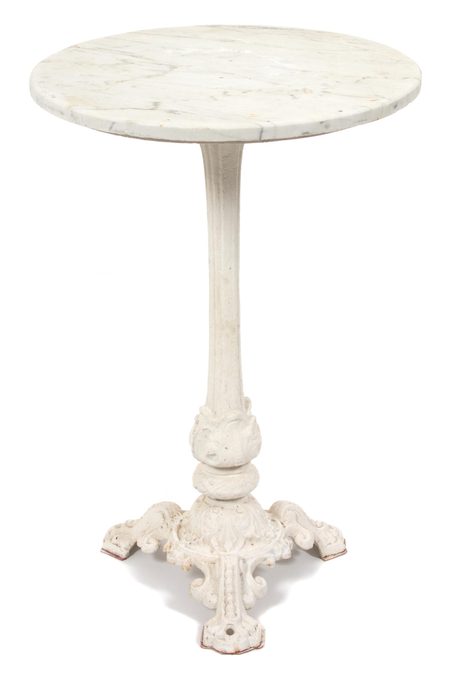 A Wrought Iron Painted Bistro Table and Four Chairs Height of table 28 3/4 x diameter 19 inches. — 20TH CENTURY