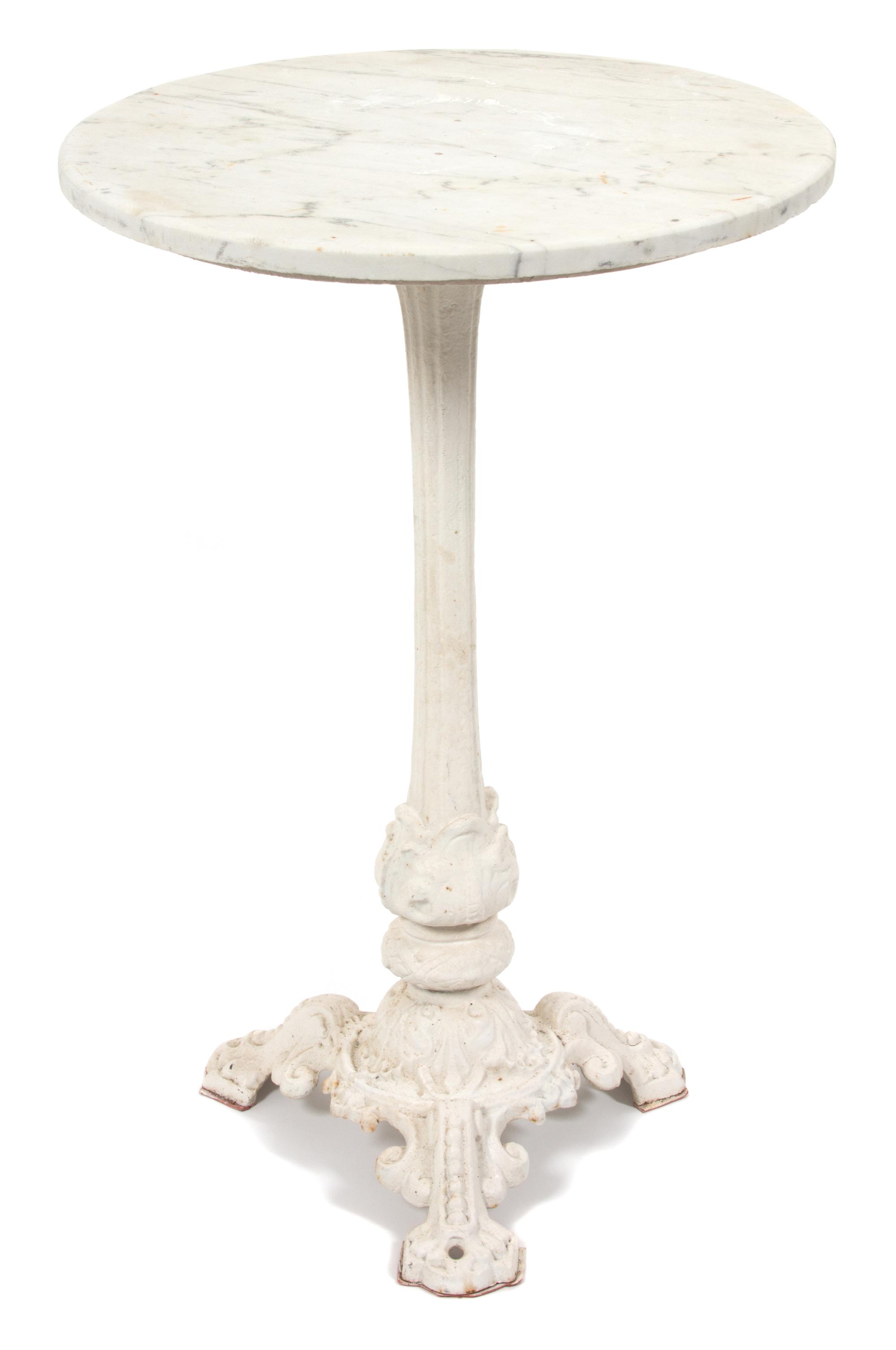 A Wrought Iron Painted Bistro Table and Four Chairs Height of table 28 3/4 x diameter 19 inches. — 20TH CENTURY
