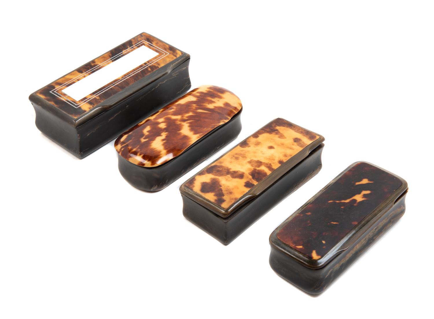 A Group of Four Carved Horn and Tortoise Shell Inlaid Snuff Boxes