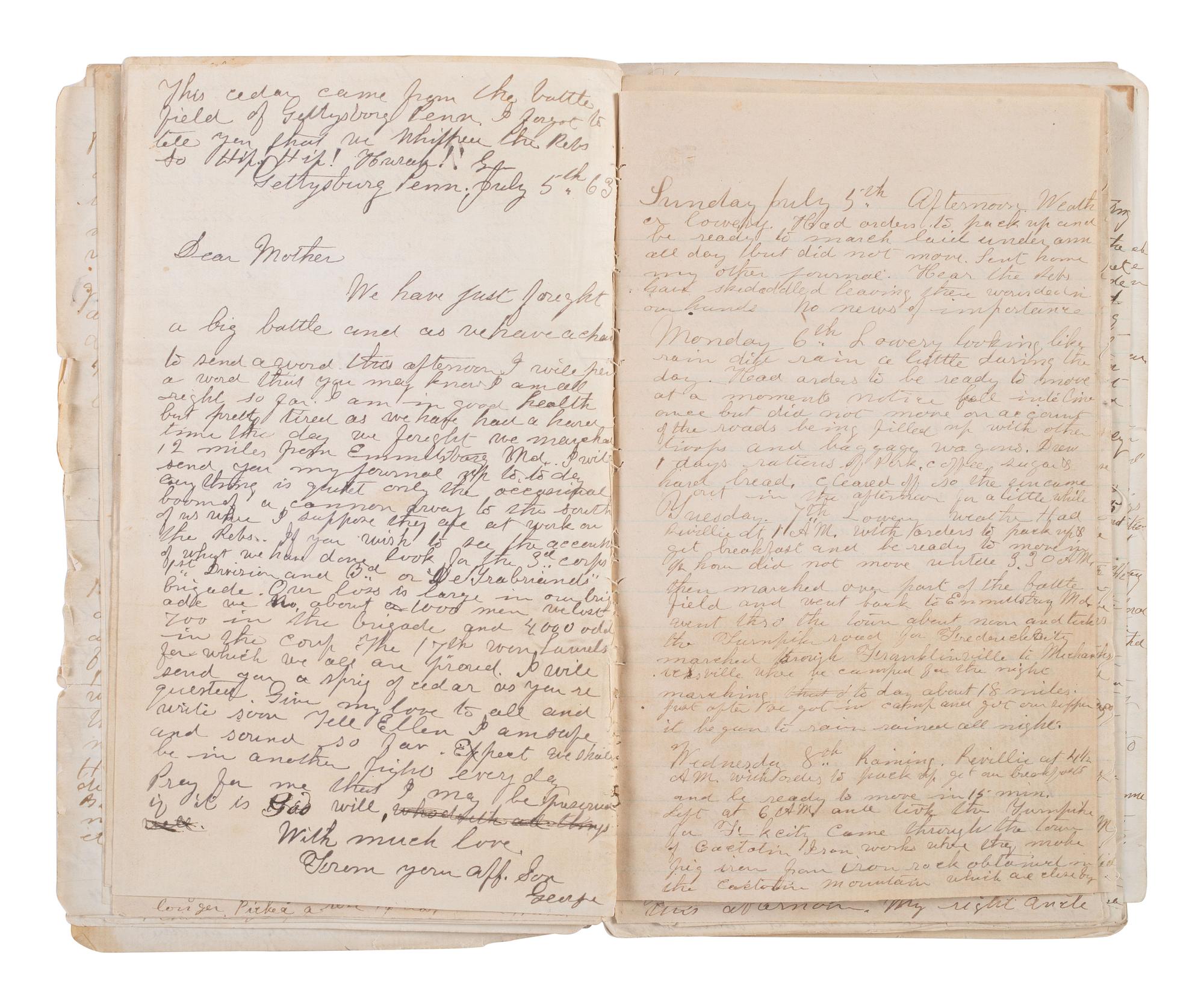 [CIVIL WAR]. Archive of George O. Currier, 17th Maine Infantry, incl. journal with significant GETTYSBURG content, among other important battles. 1863-64.