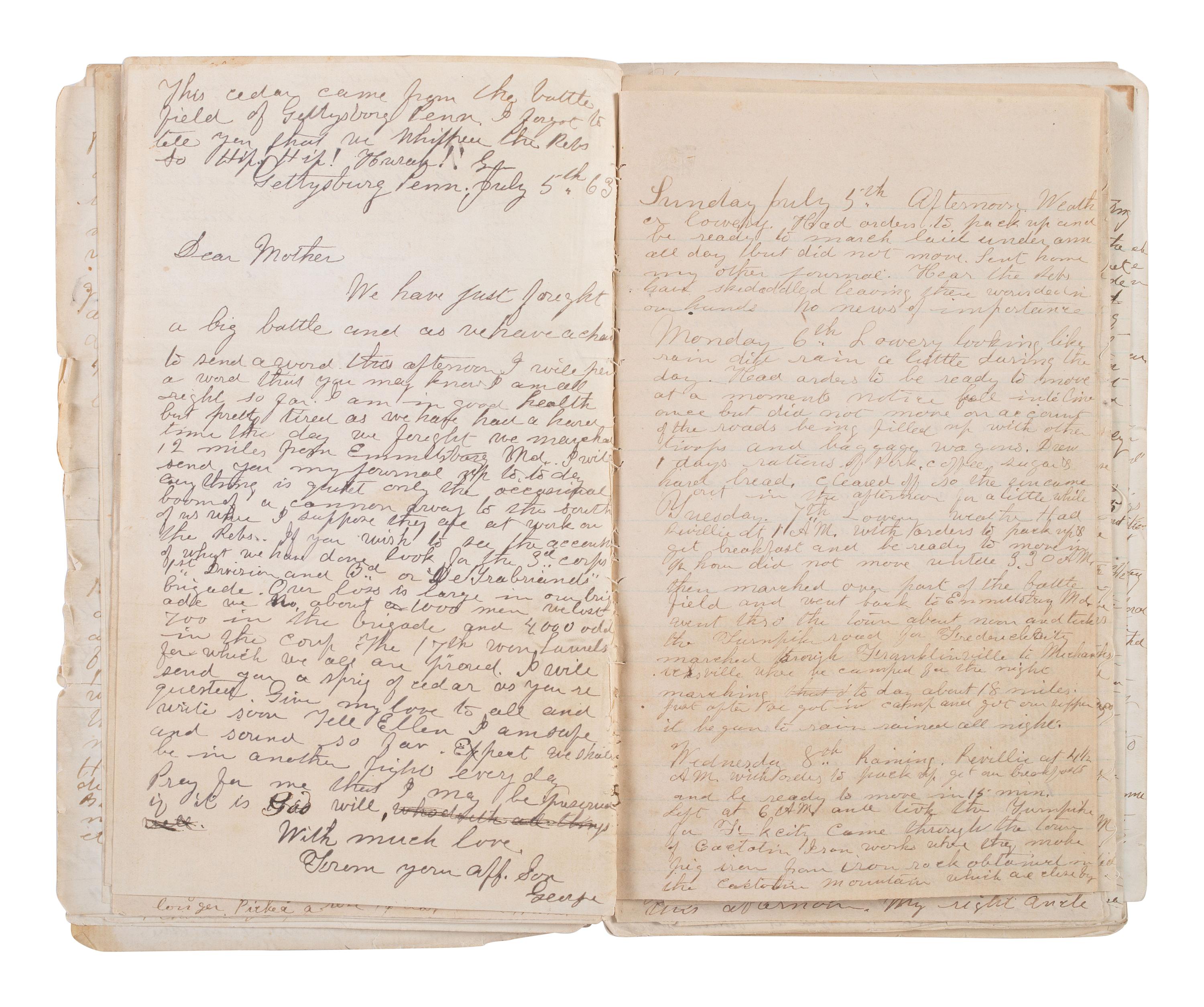 [CIVIL WAR]. Archive of George O. Currier, 17th Maine Infantry, incl. journal with significant GETTYSBURG content, among other important battles. 1863-64.