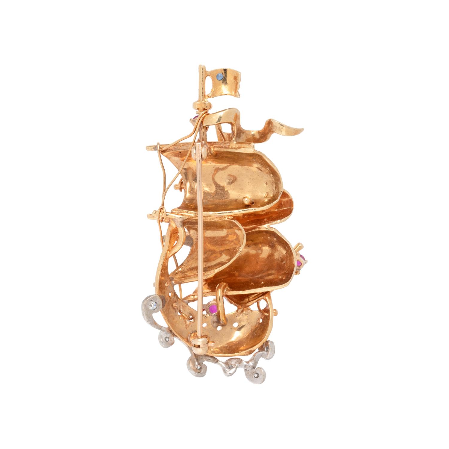 BICOLOR GOLD, DIAMOND AND GEMSTONE SHIP BROOCH