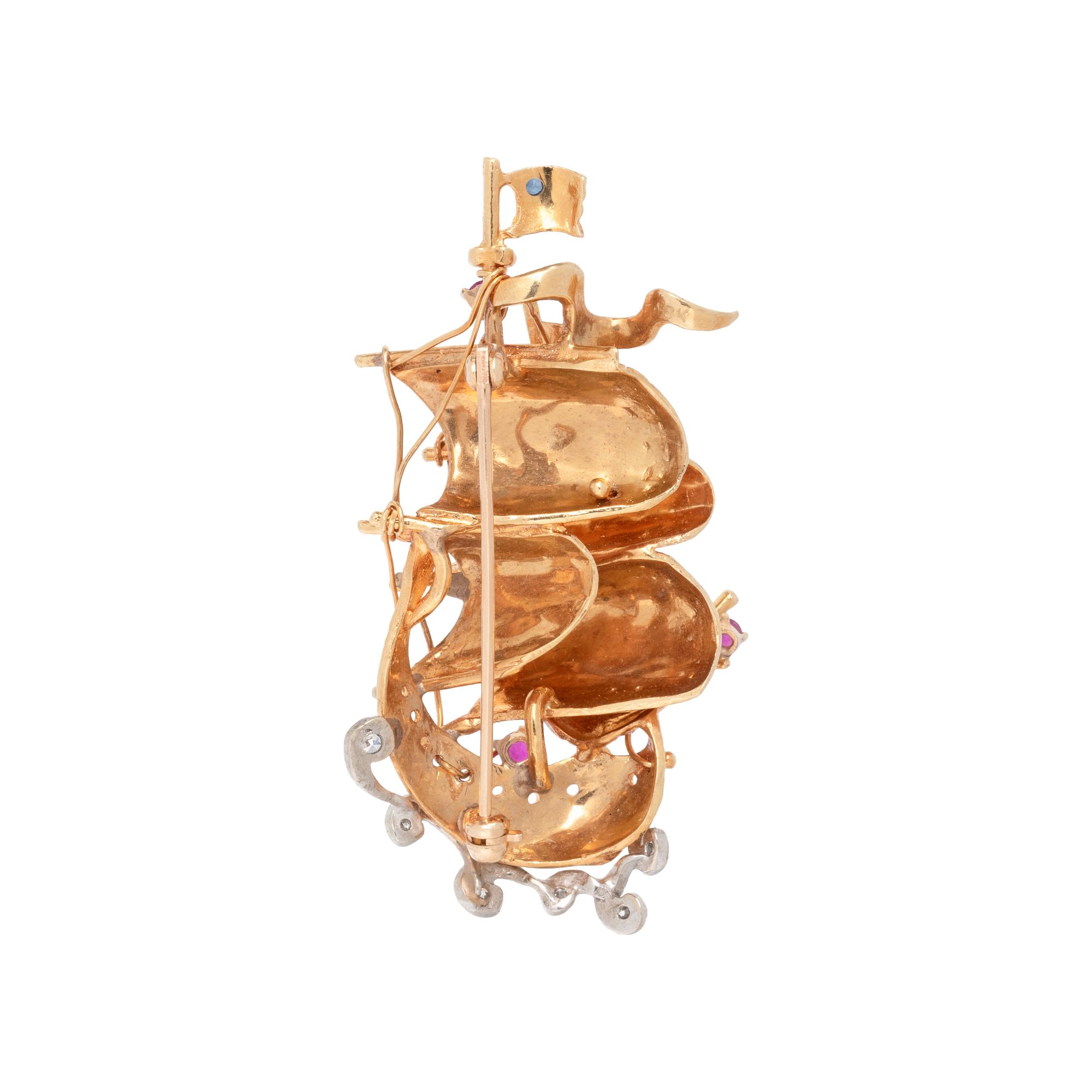 BICOLOR GOLD, DIAMOND AND GEMSTONE SHIP BROOCH