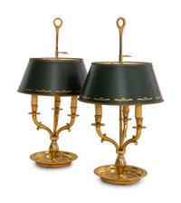 A Pair of Gilt Metal Bouillotte Lamps with Green Tole Shades