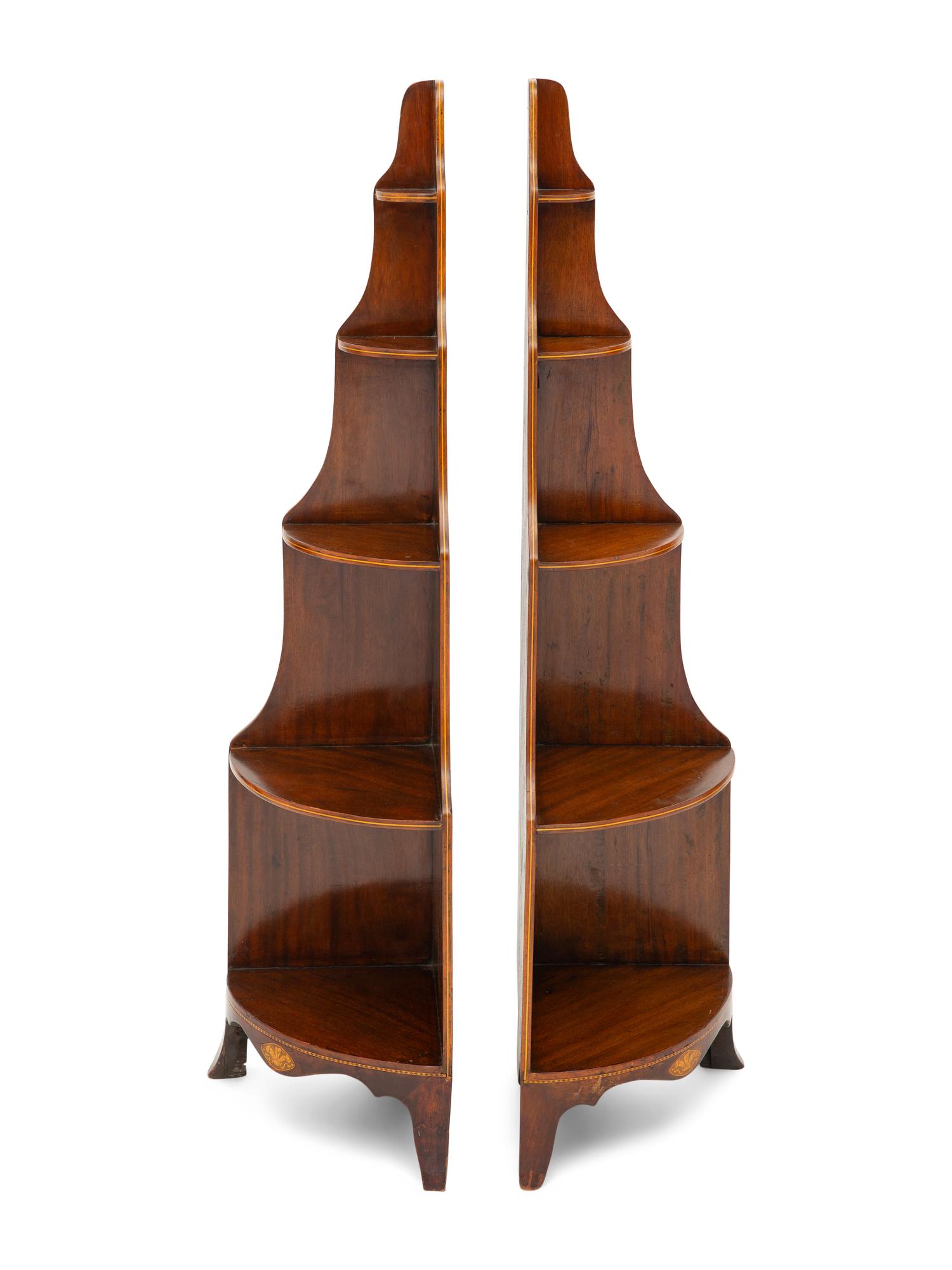 A Pair of Regency String-Inlaid Mahogany Corner Étagères