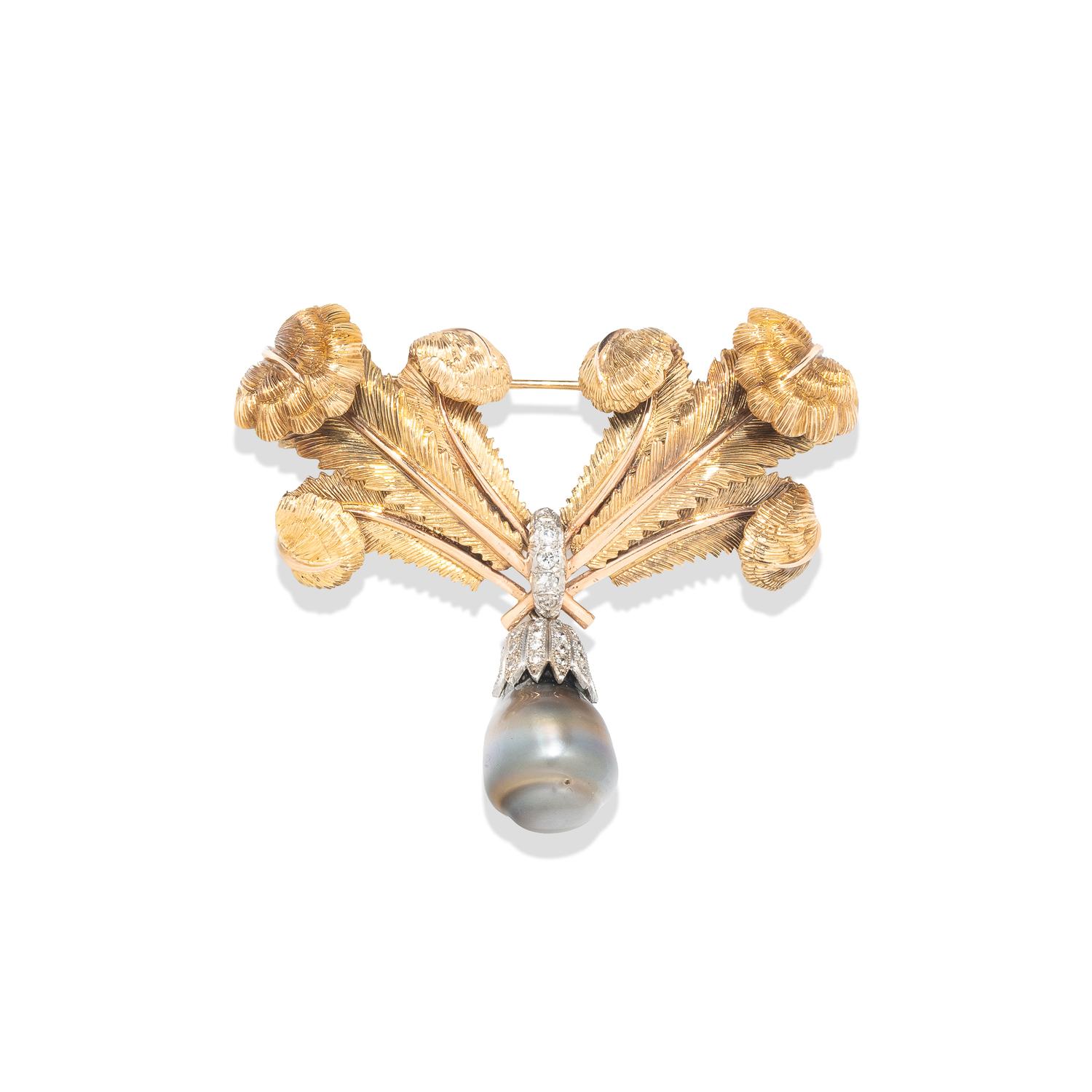 CONVERTIBLE ROSE GOLD, DIAMOND, AND GREY CULTURED PEARL PENDANT BROOCH NECKLACE