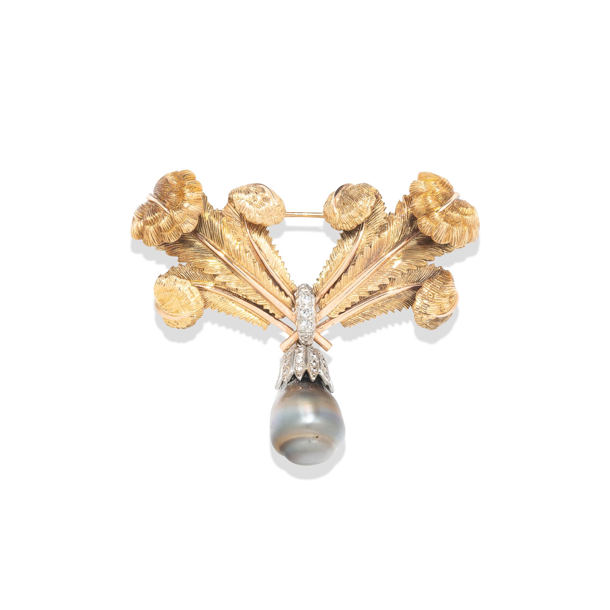 CONVERTIBLE ROSE GOLD, DIAMOND, AND GREY CULTURED PEARL PENDANT BROOCH NECKLACE