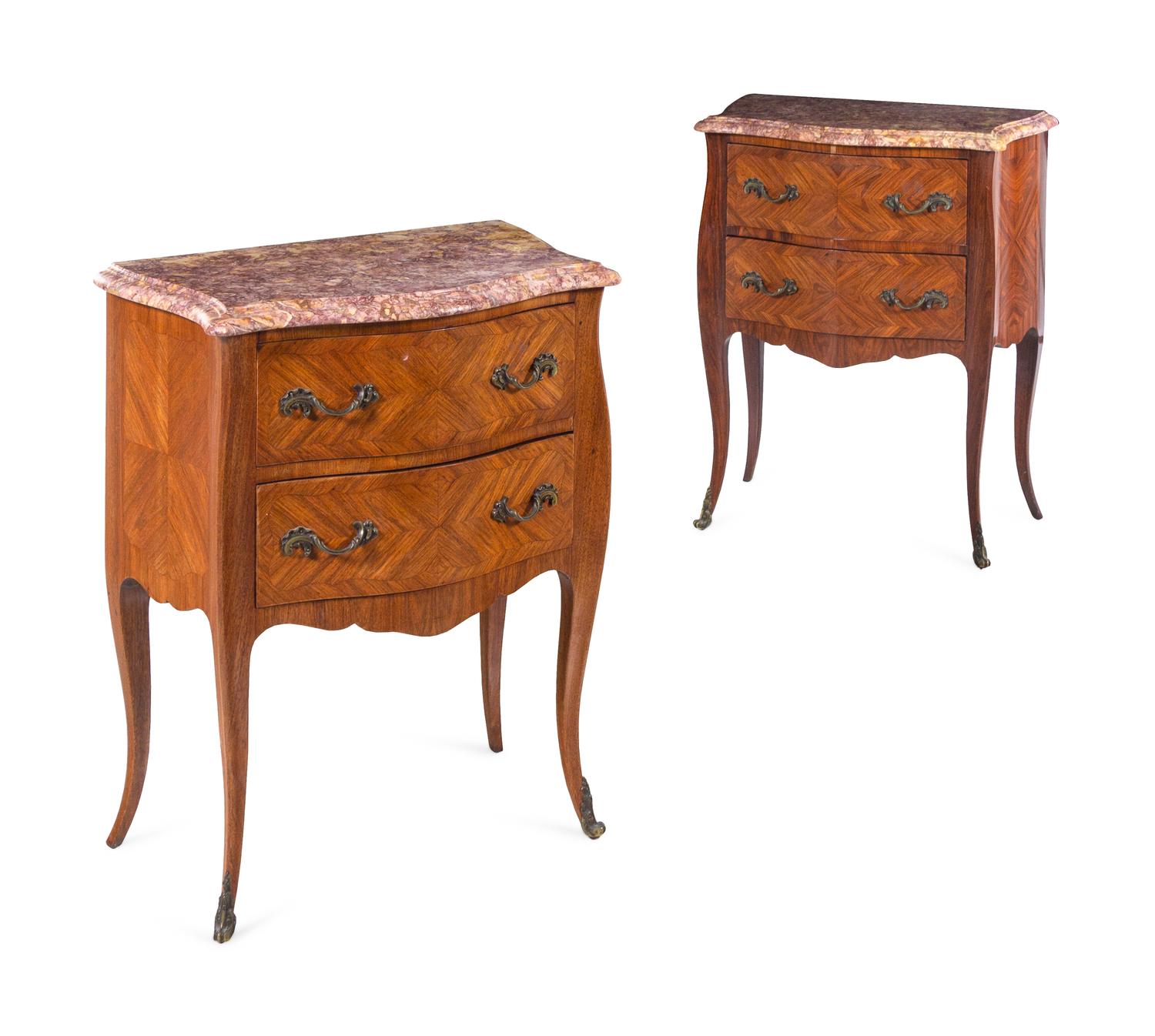 A Pair of Louis XV Style Tulipwood Marble-Top Commodes