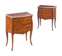 A Pair of Louis XV Style Tulipwood Marble-Top Commodes