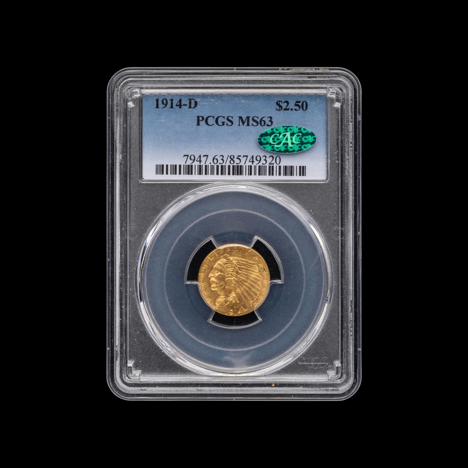 A 1914-D Indian Head $2.50 Gold Coin [PCGS MS63; CAC Green Sticker]