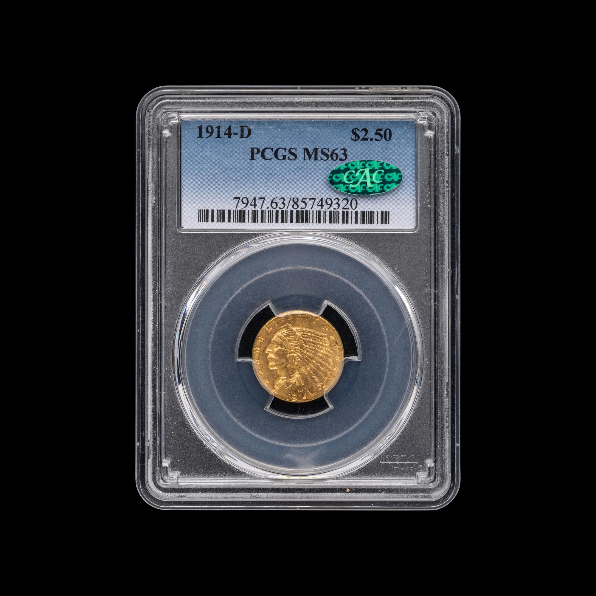 A 1914-D Indian Head $2.50 Gold Coin [PCGS MS63; CAC Green Sticker]