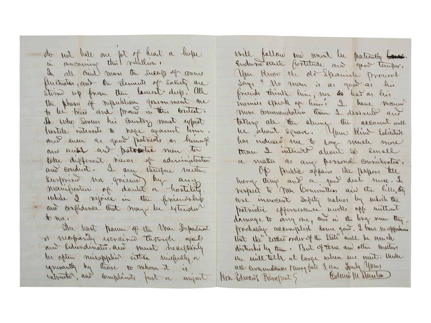 [CIVIL WAR]. STANTON, Edwin (1814-1869). Autograph letter signed ("Edwin M. Stanton") as Secretary of War, addressed to Edwards Pierrepont. Washington City, DC, 10 September 1862. With free franked envelope.