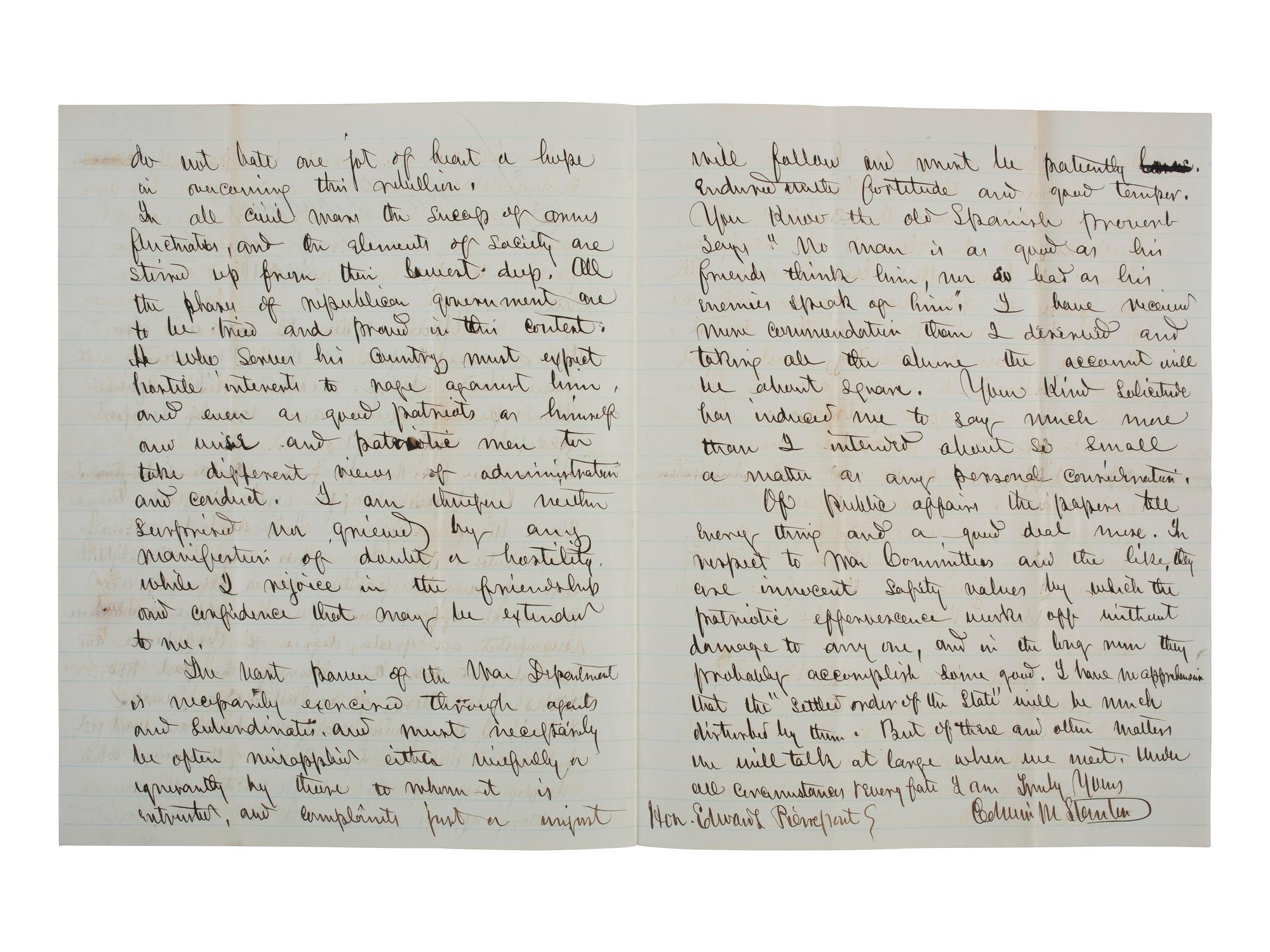 [CIVIL WAR]. STANTON, Edwin (1814-1869). Autograph letter signed ("Edwin M. Stanton") as Secretary of War, addressed to Edwards Pierrepont. Washington City, DC, 10 September 1862. With free franked envelope.