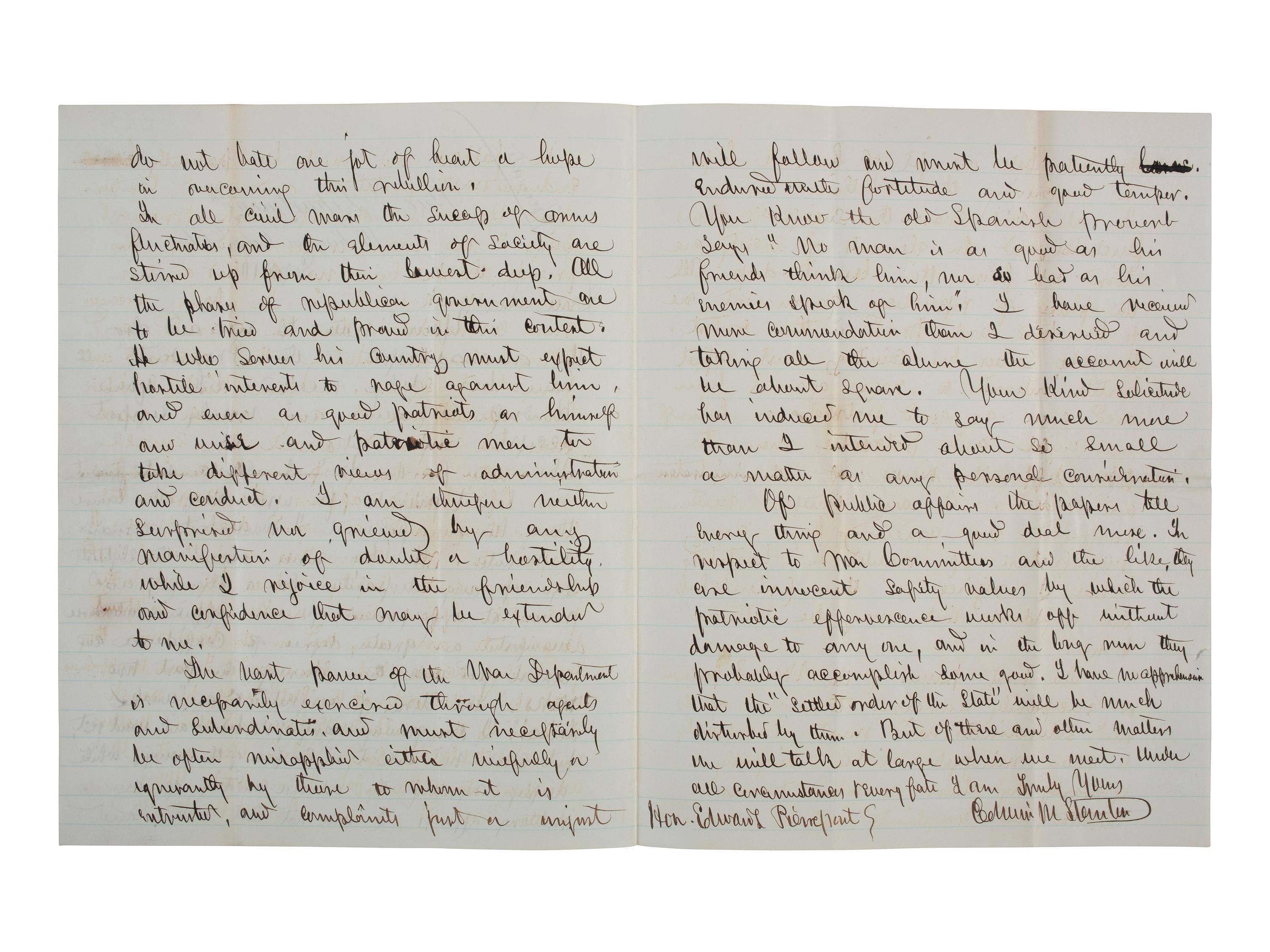 [CIVIL WAR]. STANTON, Edwin (1814-1869). Autograph letter signed ("Edwin M. Stanton") as Secretary of War, addressed to Edwards Pierrepont. Washington City, DC, 10 September 1862. With free franked envelope.